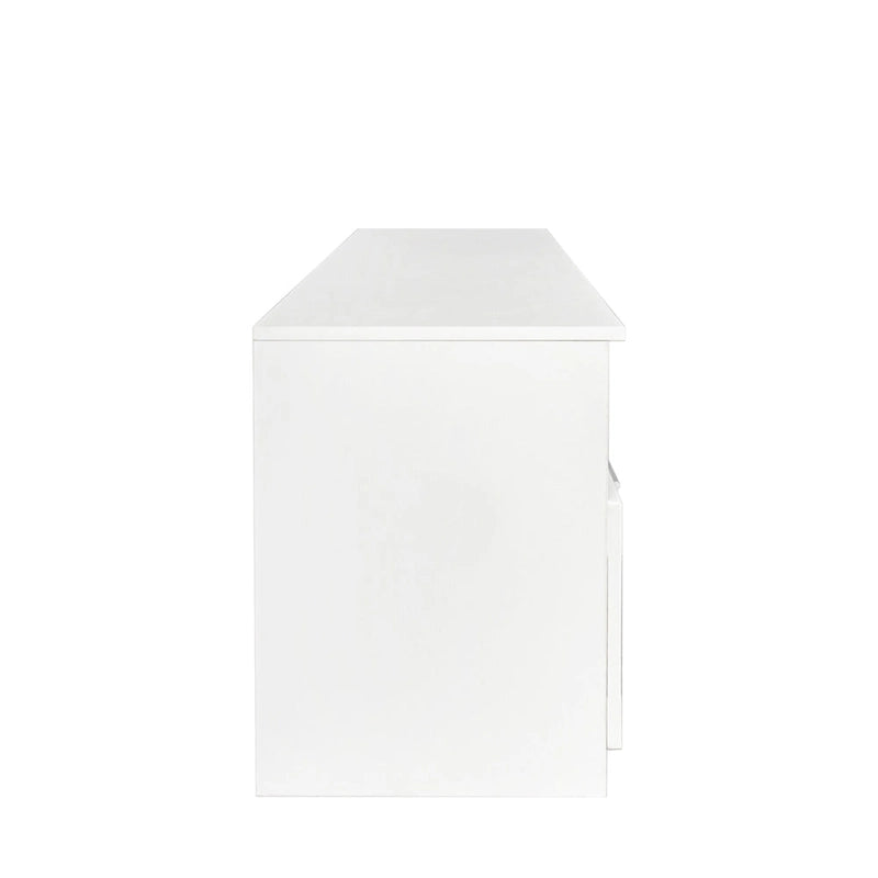 Meuble TV blanc 70 po avec rangement ouvert et tiroirs pour salon
