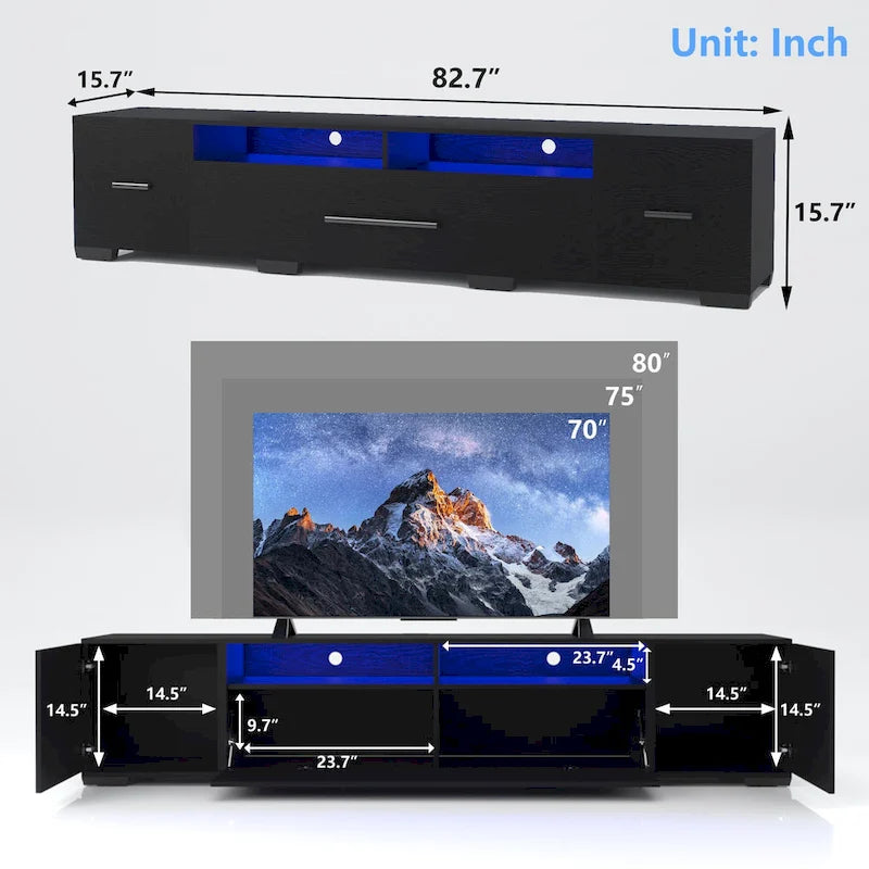 Meuble TV noir de 83 po avec lumières RVB et rangement pour téléviseurs jusqu'à 80 po