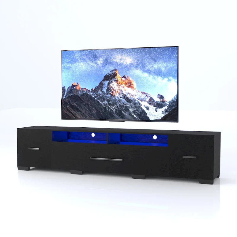 Meuble TV noir de 83 po avec lumières RVB et rangement pour téléviseurs jusqu'à 80 po