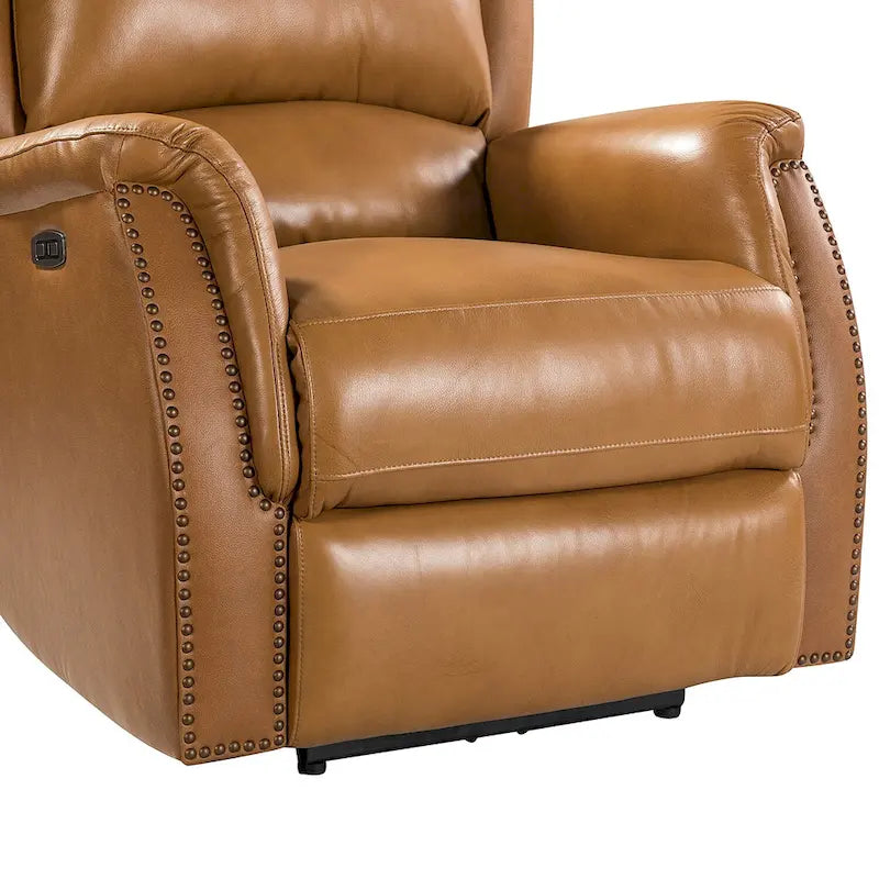 Fauteuil inclinable électrique en cuir véritable avec port USB – Dossier à oreilles et clous décoratifs, ensemble de 2