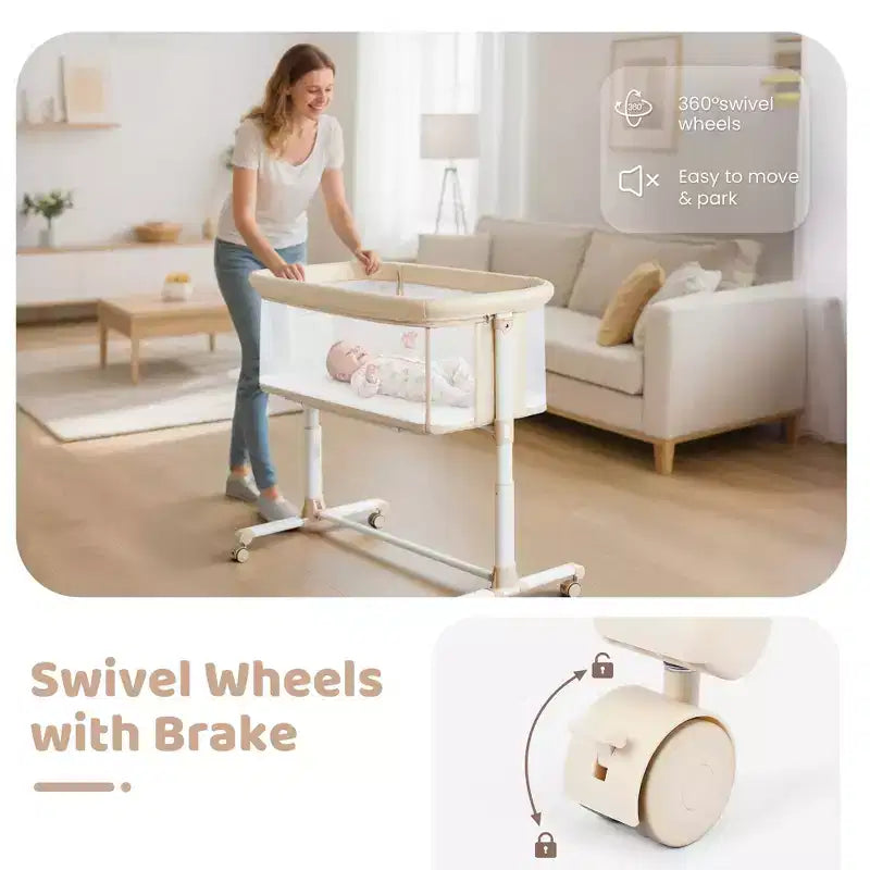 Berceau bébé avec roues – Beige / Gris / Rose, cododo, pour 1 bébé