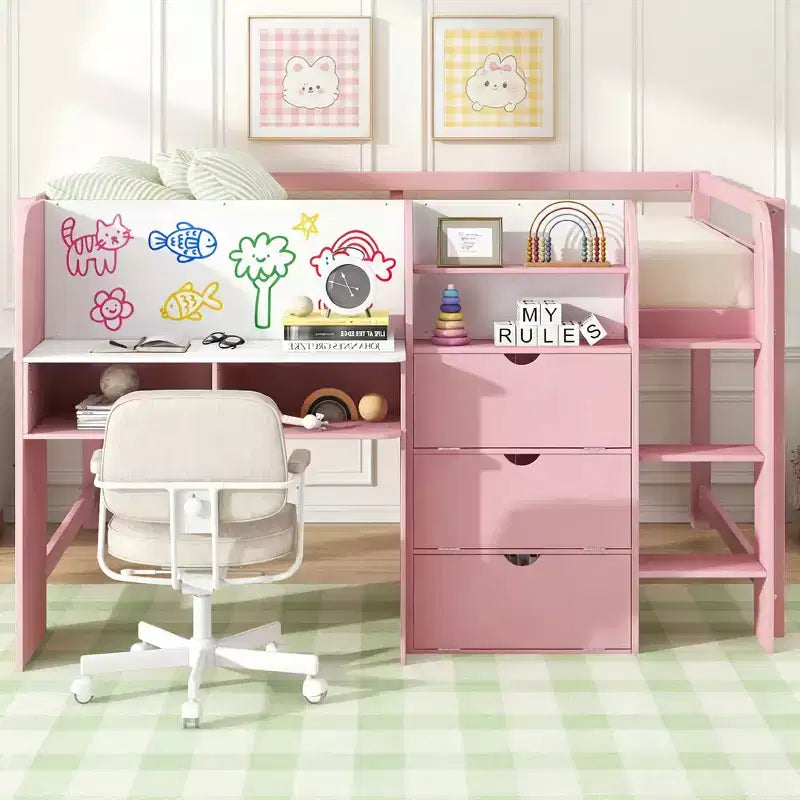Lit bas mezzanine rose et blanc avec bureau, rangement et tableau blanc - Jumeau, 1 personne
