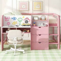 Lit bas mezzanine rose et blanc avec bureau, rangement et tableau blanc - Jumeau, 1 personne