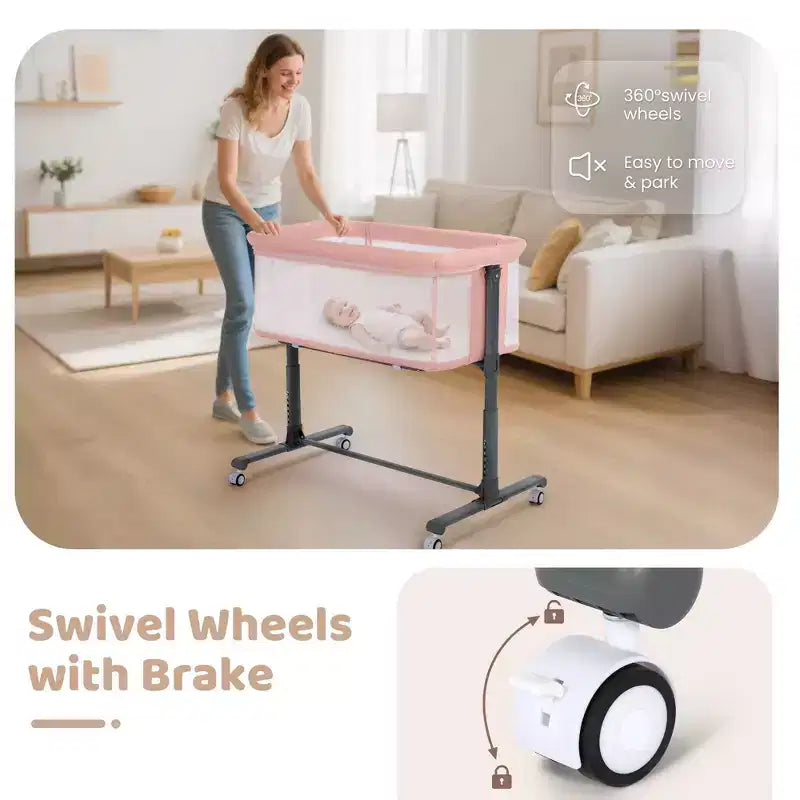 Berceau bébé avec roues – Beige / Gris / Rose, cododo, pour 1 bébé