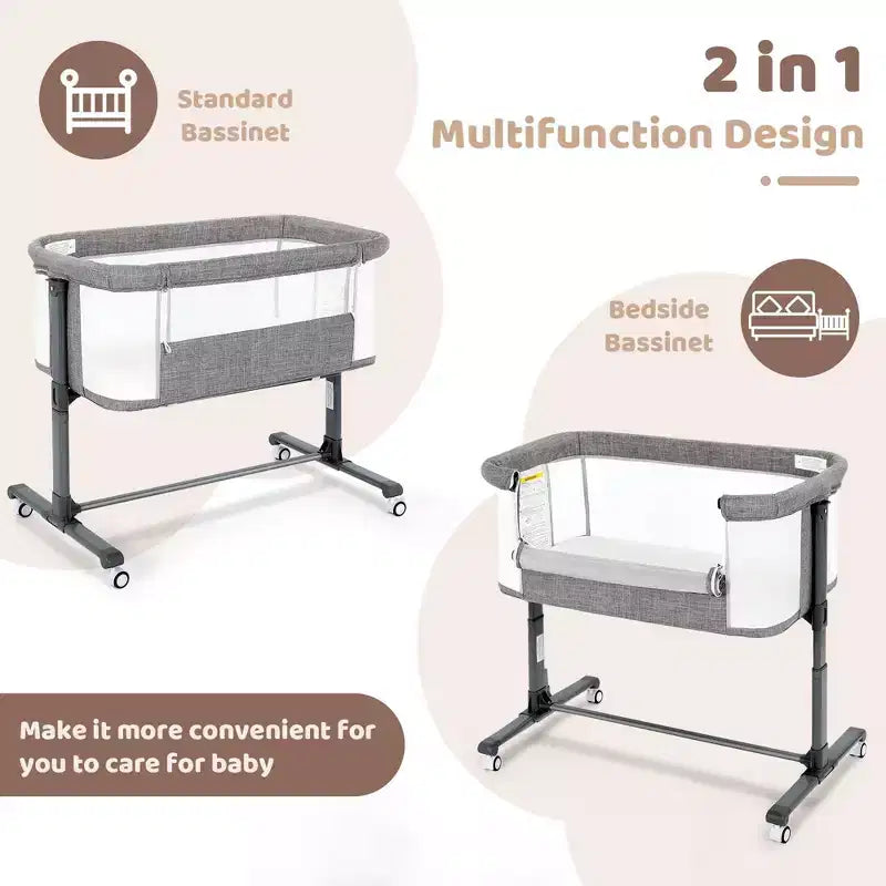 Berceau bébé avec roues – Beige / Gris / Rose, cododo, pour 1 bébé