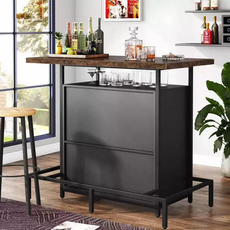 Meuble bar à vin à 3 niveaux – Marron et noir, cadre en métal avec porte-verres à pied