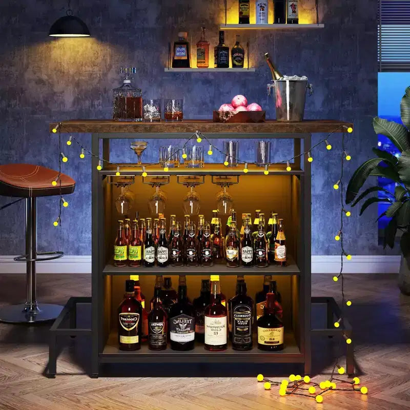 Meuble bar à vin à 3 niveaux – Marron et noir, cadre en métal avec porte-verres à pied