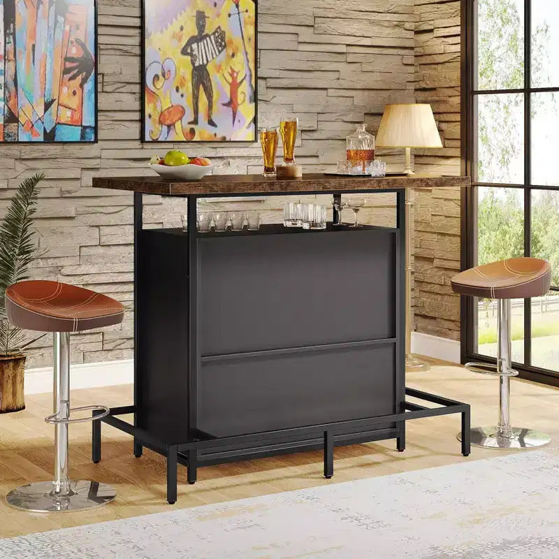 Meuble bar à vin à 3 niveaux – Marron et noir, cadre en métal avec porte-verres à pied