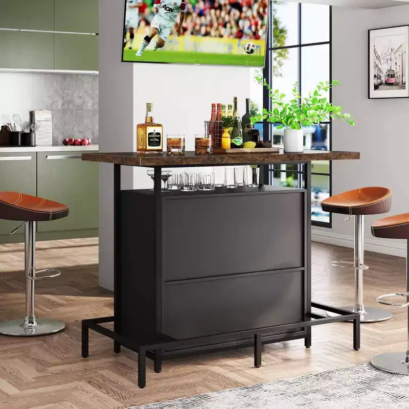 Meuble bar à vin à 3 niveaux – Marron et noir, cadre en métal avec porte-verres à pied