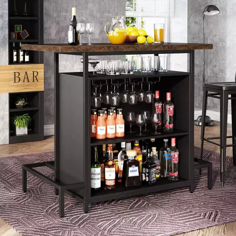 Meuble bar à vin à 3 niveaux – Marron et noir, cadre en métal avec porte-verres à pied