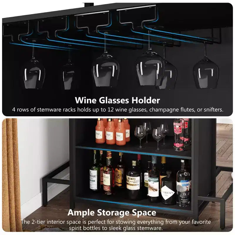 Meuble bar à vin à 3 niveaux – Marron et noir, cadre en métal avec porte-verres à pied