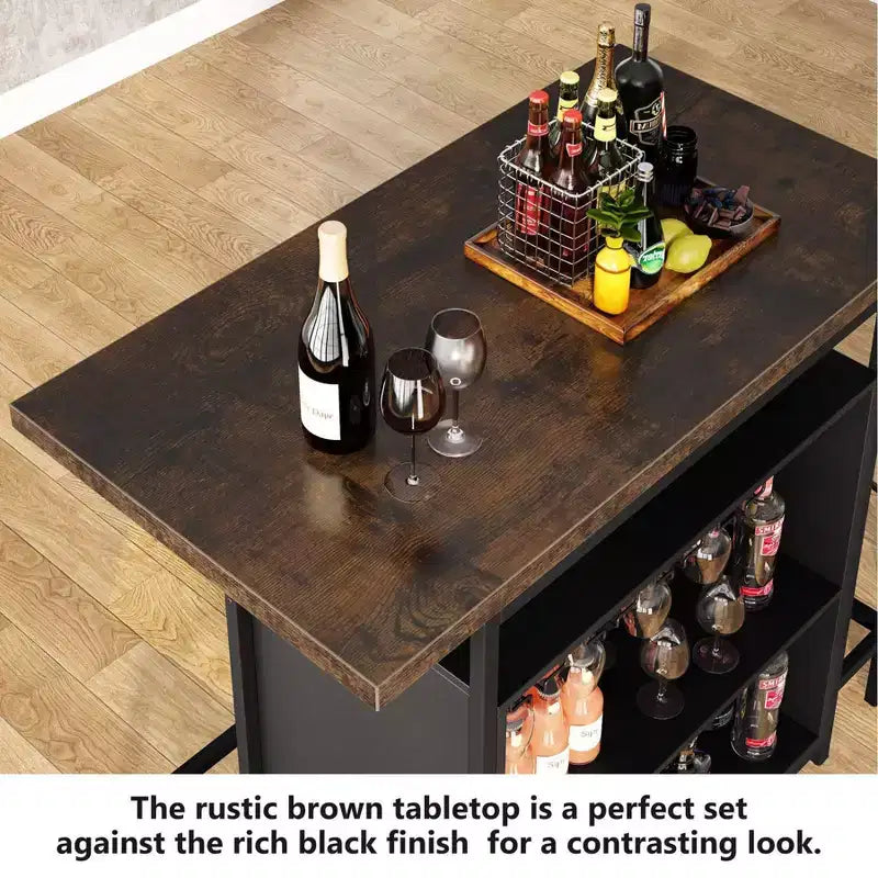 Meuble bar à vin à 3 niveaux – Marron et noir, cadre en métal avec porte-verres à pied