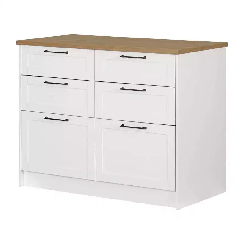 Îlot de cuisine 6 tiroirs – Style Ferme, Blanc et Érable Muscade, 120 cm L