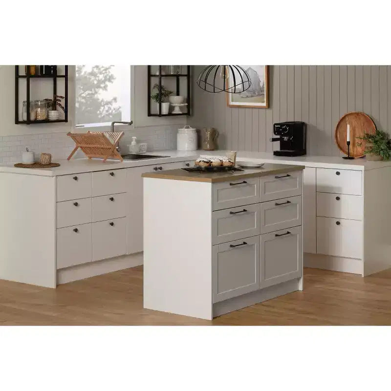 Îlot de cuisine 6 tiroirs – Style Ferme, Blanc et Érable Muscade, 120 cm L
