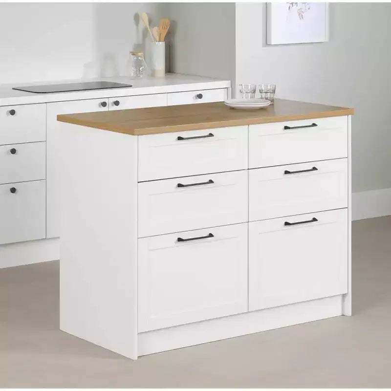 Îlot de cuisine 6 tiroirs – Style Ferme, Blanc et Érable Muscade, 120 cm L