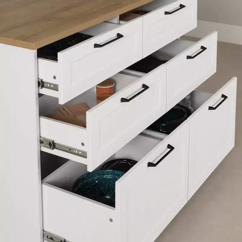 Îlot de cuisine 6 tiroirs – Style Ferme, Blanc et Érable Muscade, 120 cm L