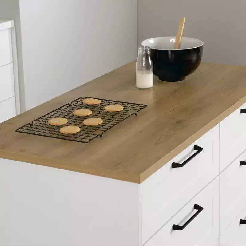 Îlot de cuisine 6 tiroirs – Style Ferme, Blanc et Érable Muscade, 120 cm L