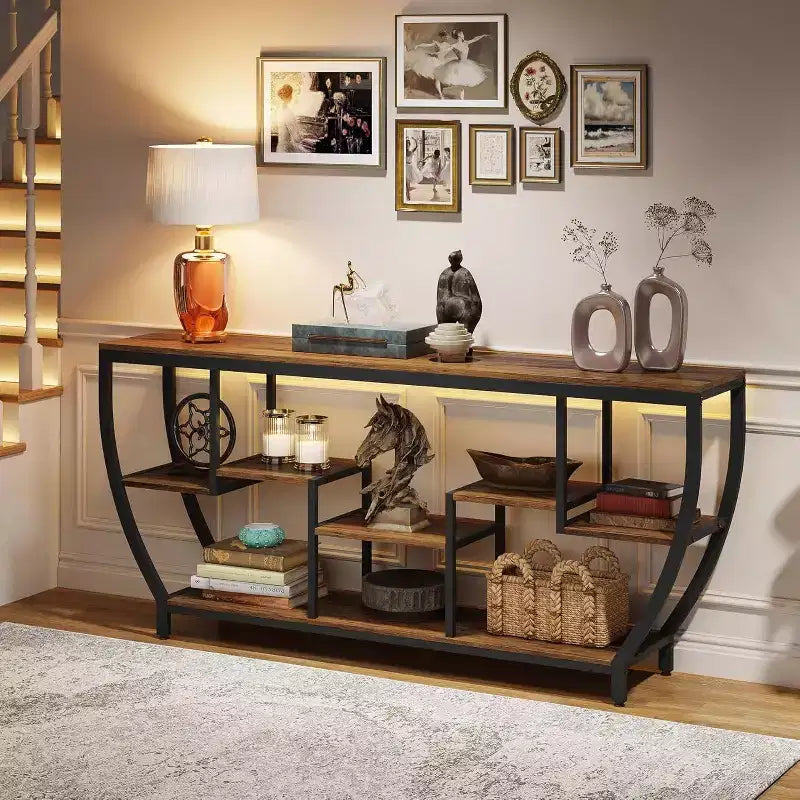 Table console de canapé de 180 cm de long – Plateau en bois marron, structure en métal noir, 7 étagères