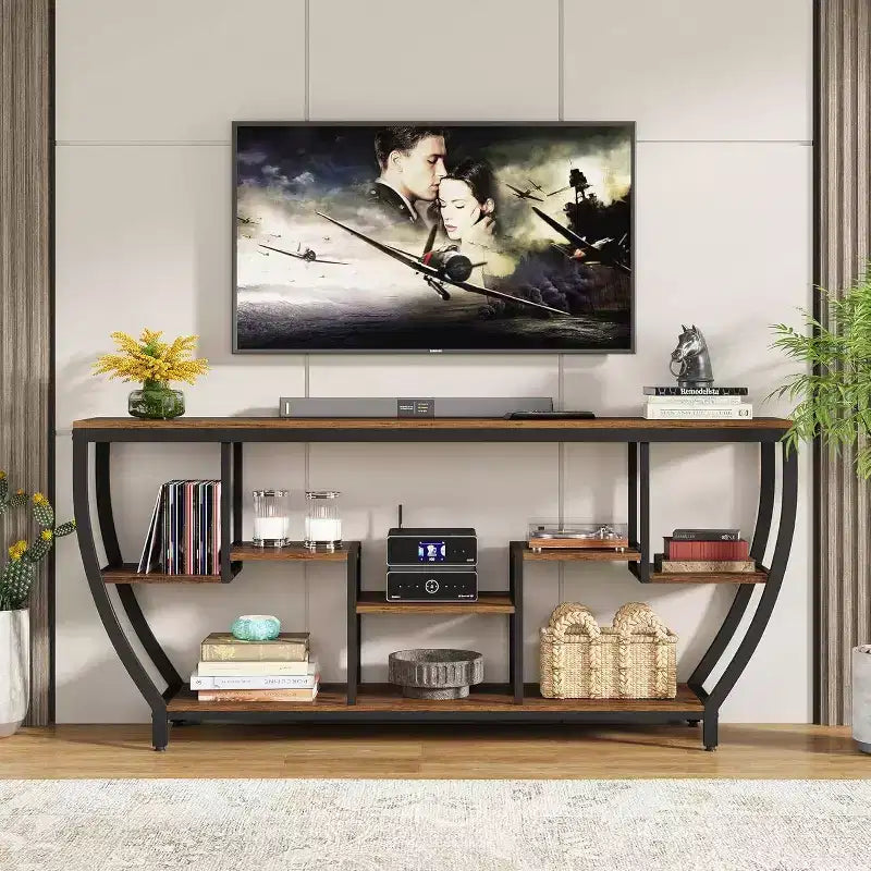 Table console de canapé de 180 cm de long – Plateau en bois marron, structure en métal noir, 7 étagères