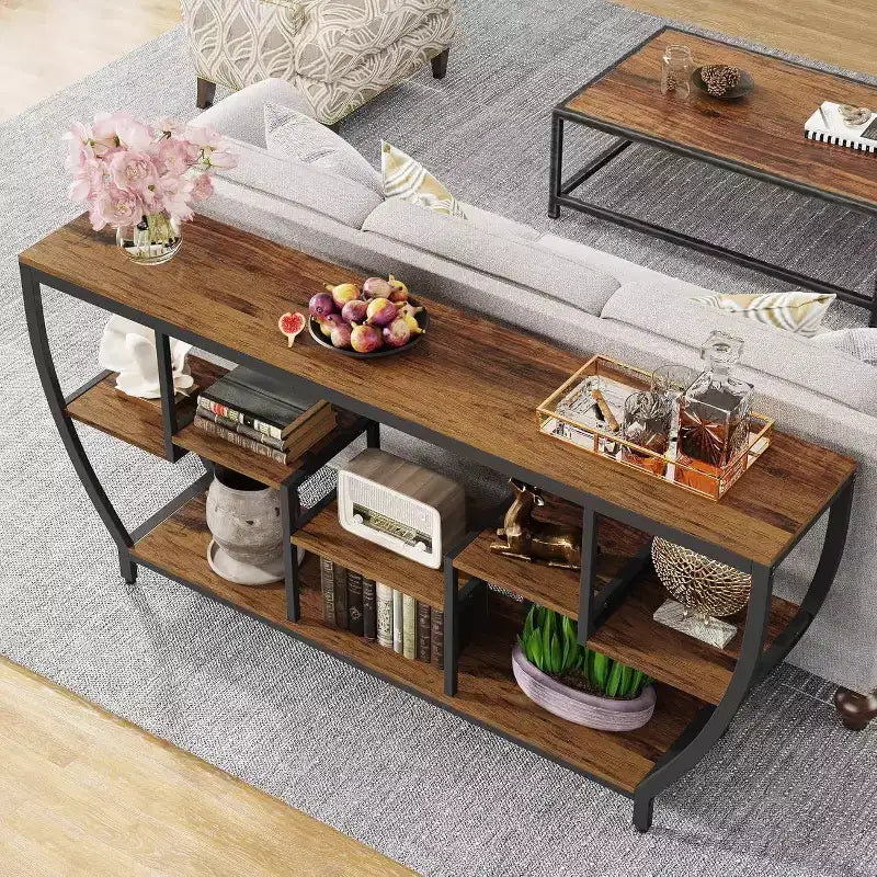 Table console de canapé de 180 cm de long – Plateau en bois marron, structure en métal noir, 7 étagères