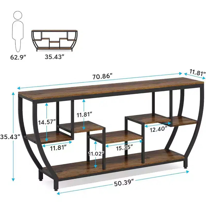 Table console de canapé de 180 cm de long – Plateau en bois marron, structure en métal noir, 7 étagères