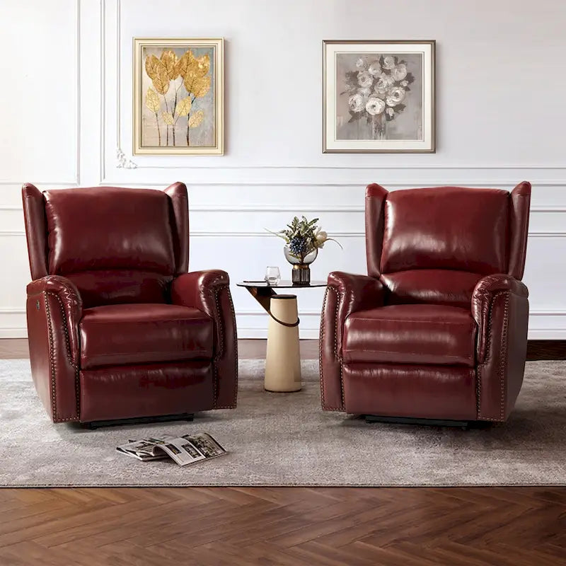 Fauteuil inclinable électrique en cuir véritable avec port USB – Dossier à oreilles et clous décoratifs, ensemble de 2