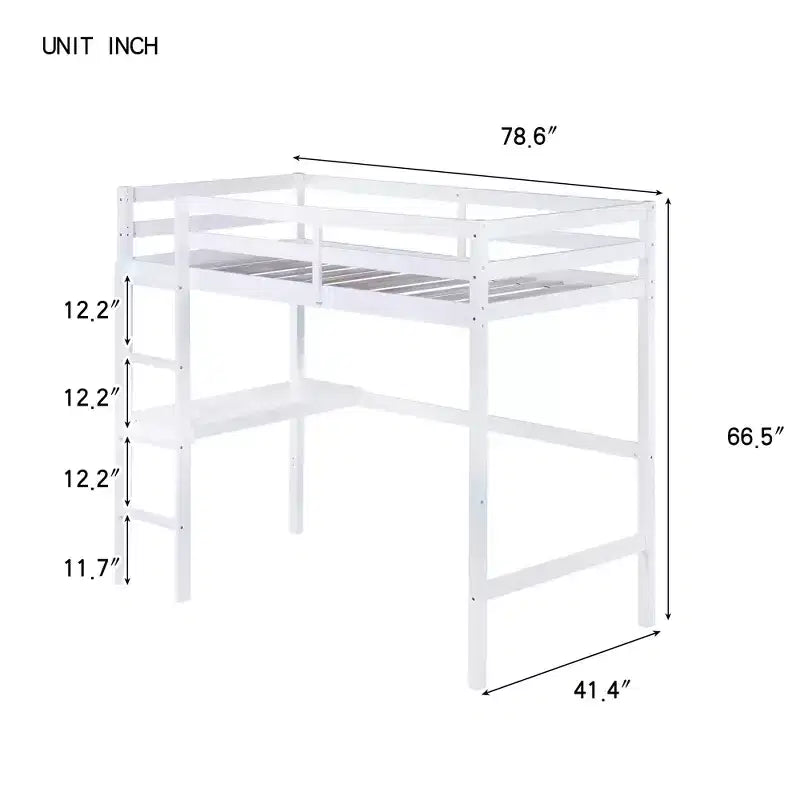 Lit mezzanine Okak Minimalism avec échelle, lit mezzanine simple en bois d'hévéa avec garde-corps de sécurité et bureau intégré, cadres de lit pour enfants, adolescents