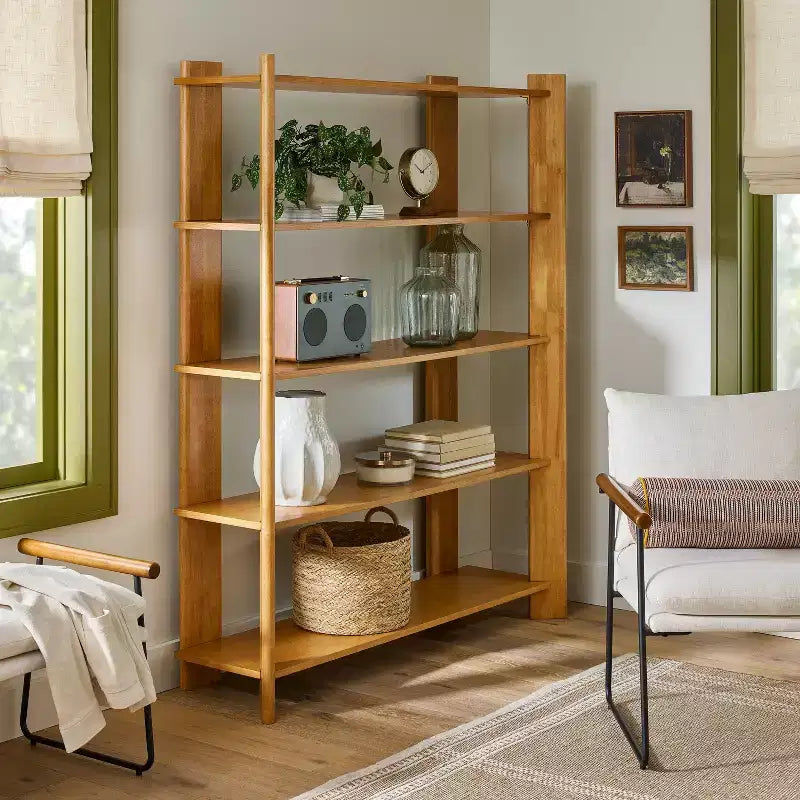 Bibliothèque en bois naturel – 5 étagères ouvertes, 173 cm H x 142 cm L, structure en hévéa