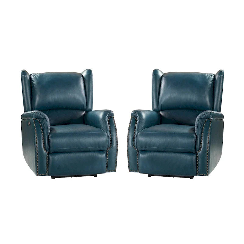 Fauteuil inclinable électrique en cuir véritable avec port USB – Dossier à oreilles et clous décoratifs, ensemble de 2
