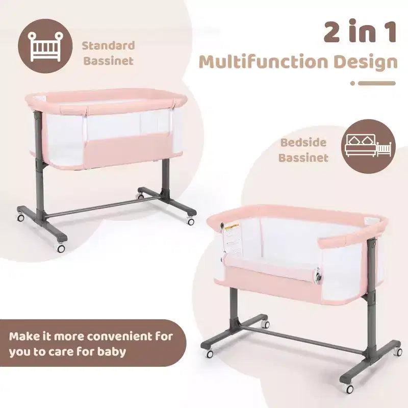 Berceau bébé avec roues – Beige / Gris / Rose, cododo, pour 1 bébé