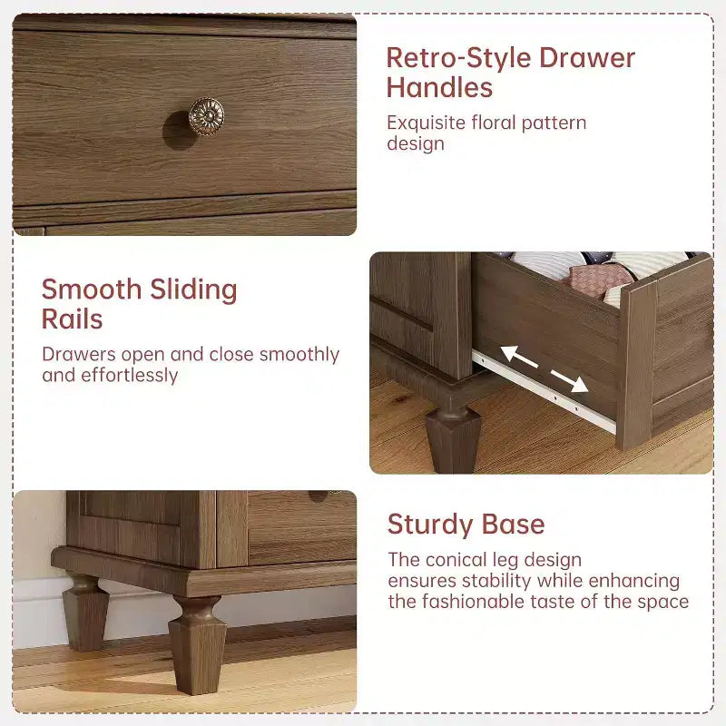 Commode à 8 tiroirs pour chambre à coucher, meuble TV vintage de 59 po avec poignées sculptées et pieds fuselés, commode en bois avec grande capacité de rangement