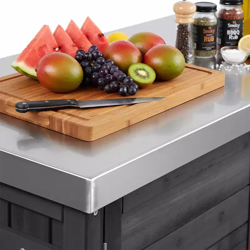 Îlot de cuisine extérieure de 198,9 cm avec comptoir en acier inoxydable, station de barbecue pliable et armoires de rangement, noir
