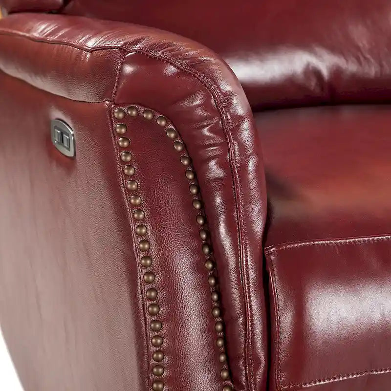 Fauteuil inclinable électrique en cuir véritable avec port USB – Dossier à oreilles et clous décoratifs, ensemble de 2