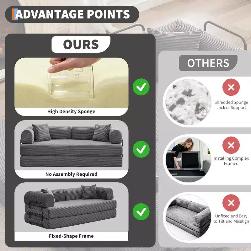 Canapé-lit convertible 2 en 1, canapé-lit pliant en velours côtelé confortable avec assise profonde et accoudoirs larges, canapé sans armature, pour salon, appartements
