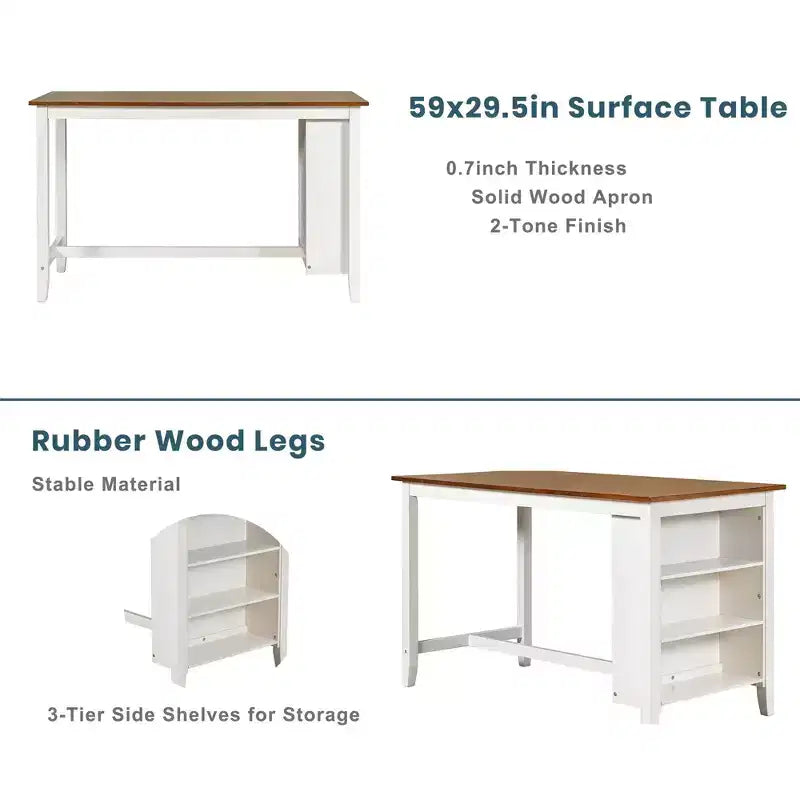 Ensemble table et chaises Homy Casa 5 pièces hauteur comptoir avec étagères de rangement, blanc et noyer, style ferme moderne