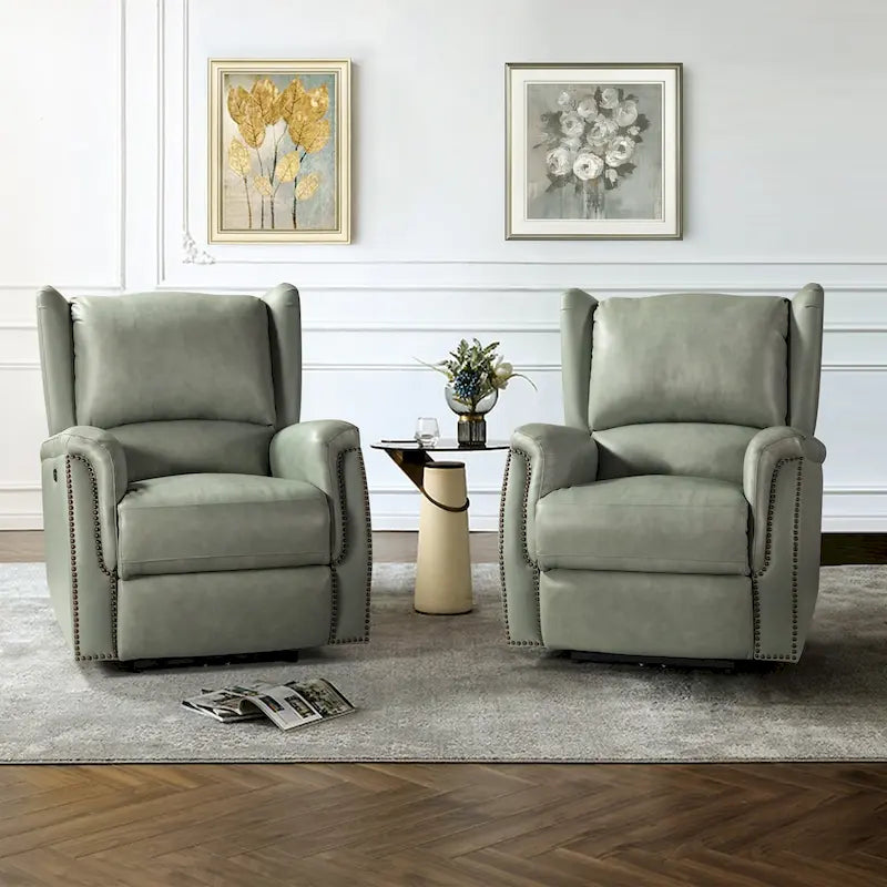 Fauteuil inclinable électrique en cuir véritable avec port USB – Dossier à oreilles et clous décoratifs, ensemble de 2