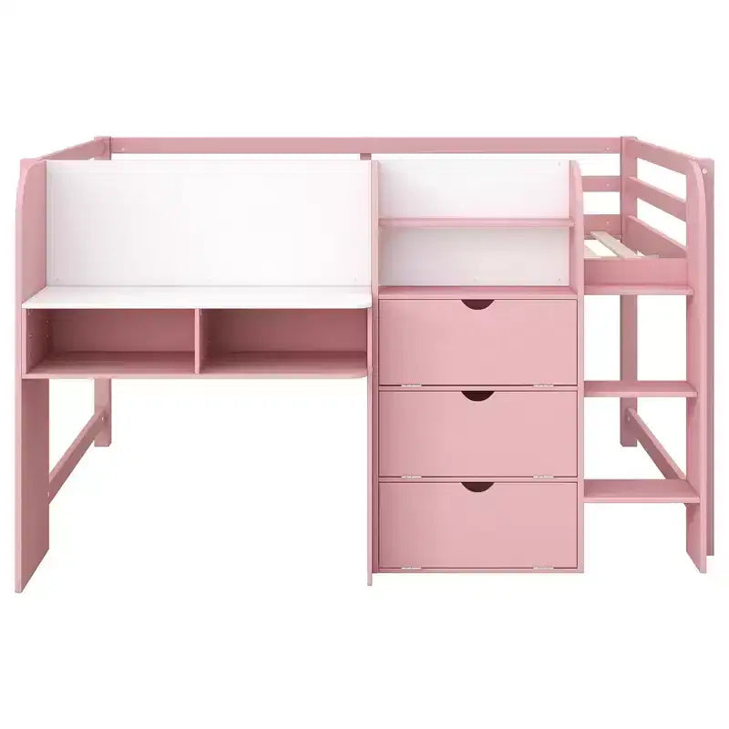 Lit bas mezzanine rose et blanc avec bureau, rangement et tableau blanc - Jumeau, 1 personne