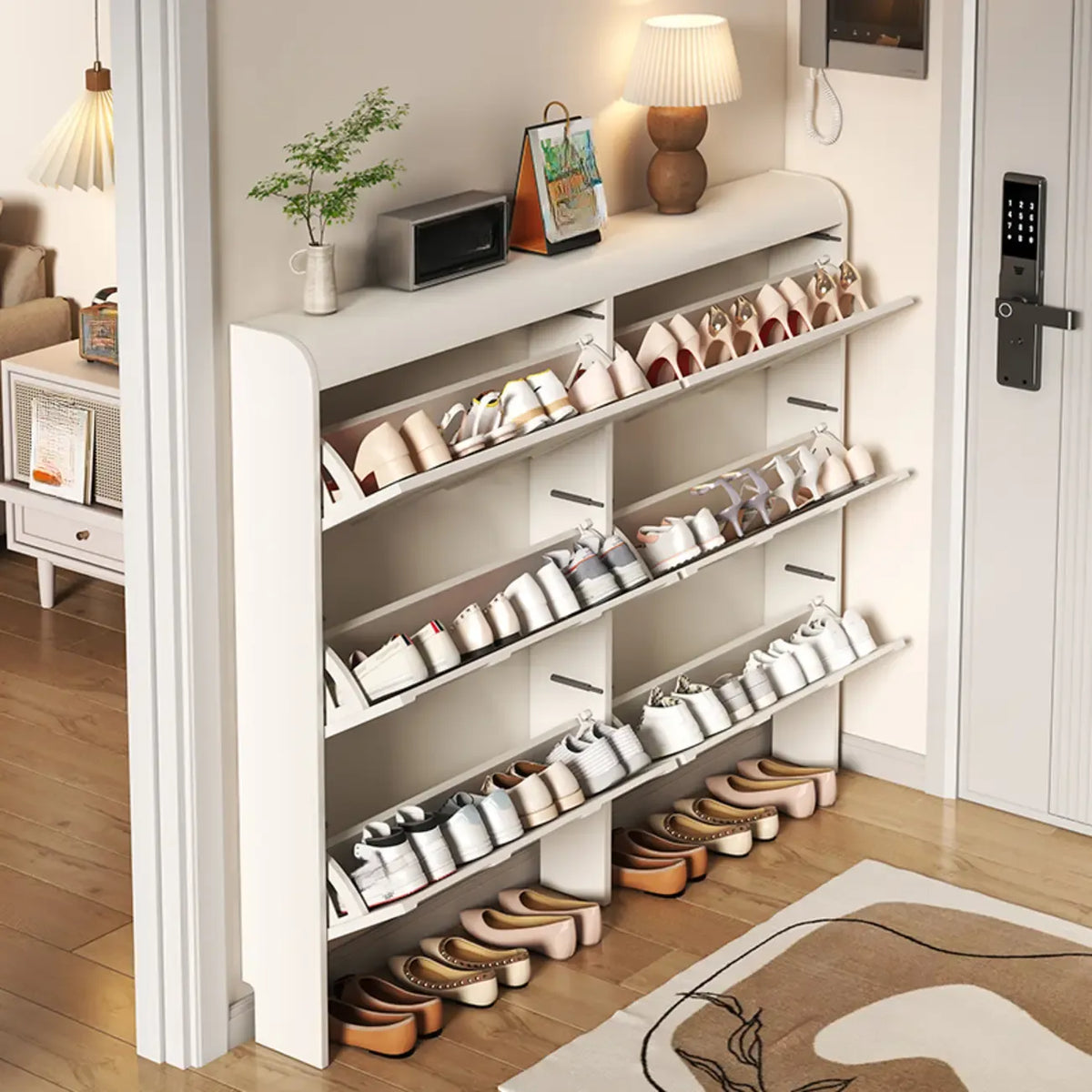 Meuble à chaussures blanc en bois 3 niveaux avec façade rabattable Slim