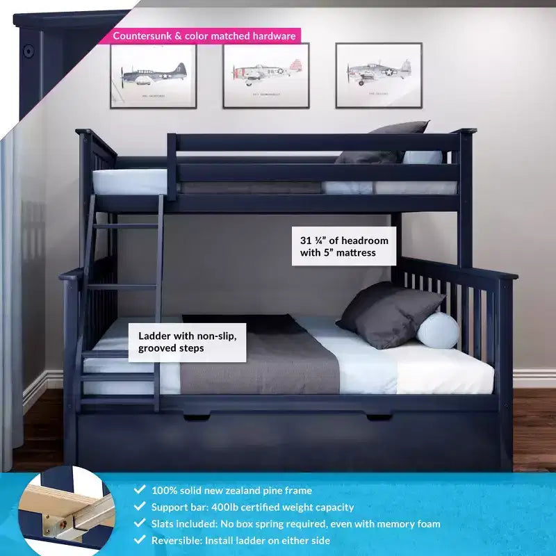 Lit superposé Max & Lily en bois massif, jumeau sur plein avec tiroir-gigogne de rangement et échelle pour enfants