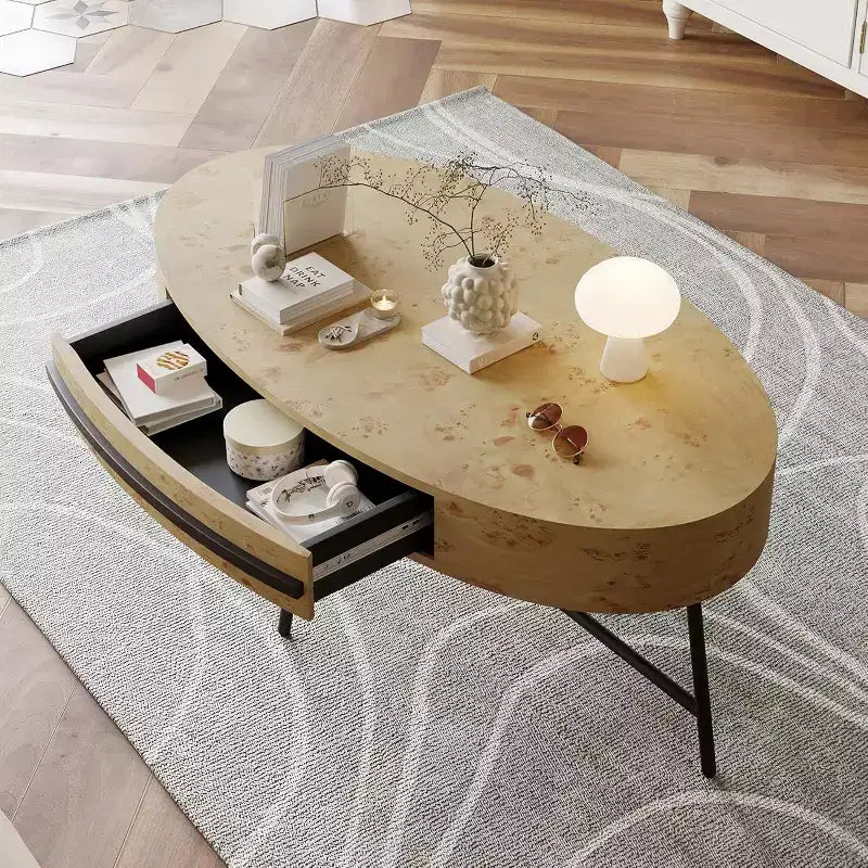 Table basse ovale Acekool avec tiroir, table de rangement en bois 120 cm avec pieds en métal croisés, table basse de style moderne du milieu du siècle en saule naturel et doré