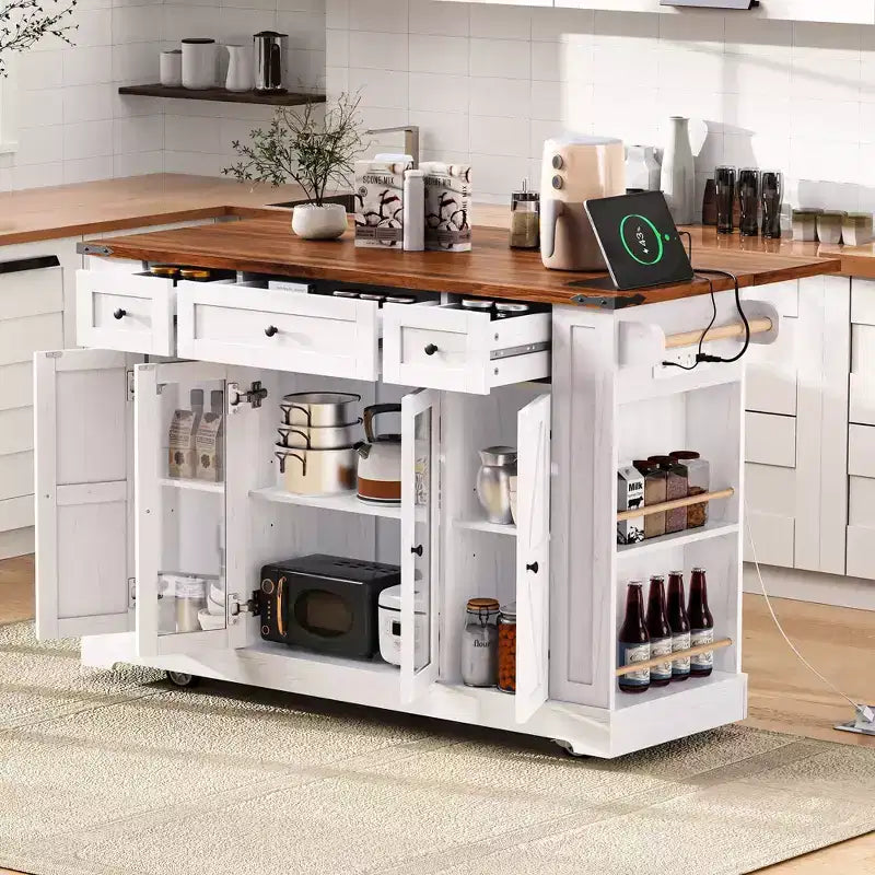 Desserte de cuisine avec portes en verre trempé, étagères latérales, prise de courant et plateau rabattable