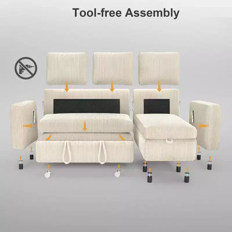 Canapé-lit sectionnel Dyonery 81, canapé-lit escamotable en forme de L avec méridienne de rangement réversible, USB, dossier inclinable