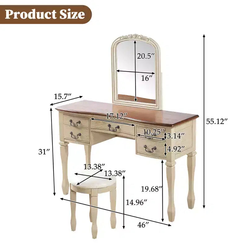 Coiffeuse Vintage, Coiffeuse de Maquillage Vintage, Coiffeuse de 117 cm avec Miroir Floral Courbé, 5 Tiroirs de Rangement