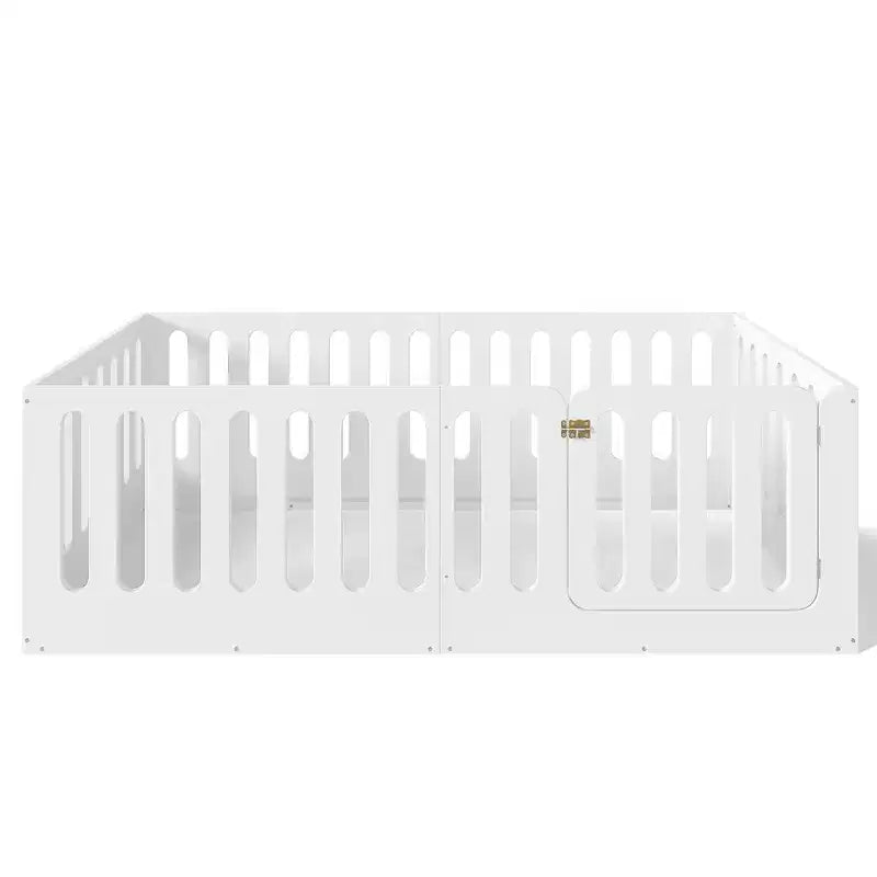 Lit Montessori au sol pour enfant, taille une place, blanc, avec barrières et porte – bois massif