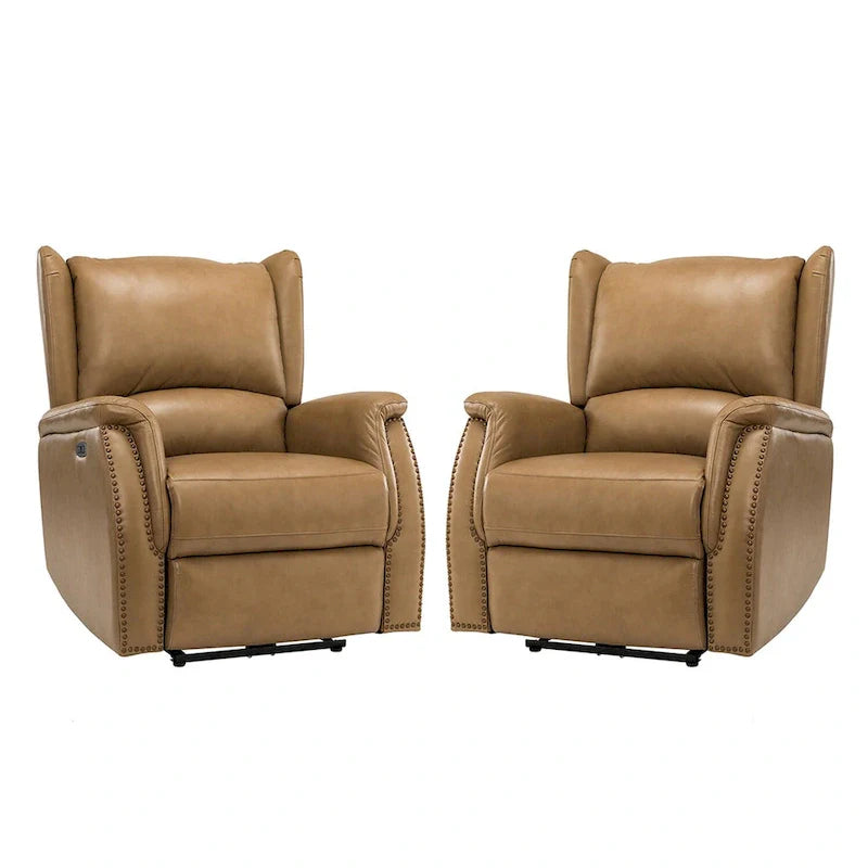 Fauteuil inclinable électrique en cuir véritable avec port USB – Dossier à oreilles et clous décoratifs, ensemble de 2