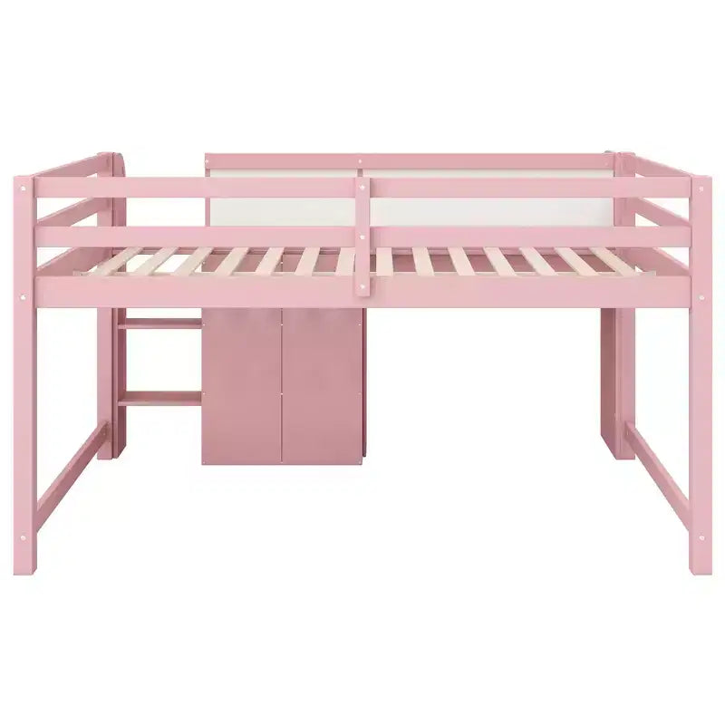 Lit bas mezzanine rose et blanc avec bureau, rangement et tableau blanc - Jumeau, 1 personne