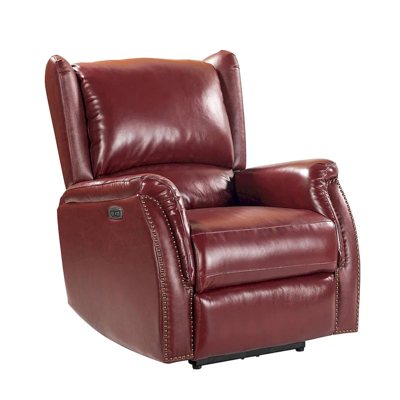 Fauteuil inclinable électrique en cuir véritable avec port USB – Dossier à oreilles et clous décoratifs, ensemble de 2