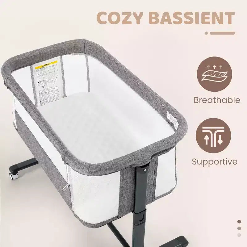 Berceau bébé avec roues – Beige / Gris / Rose, cododo, pour 1 bébé