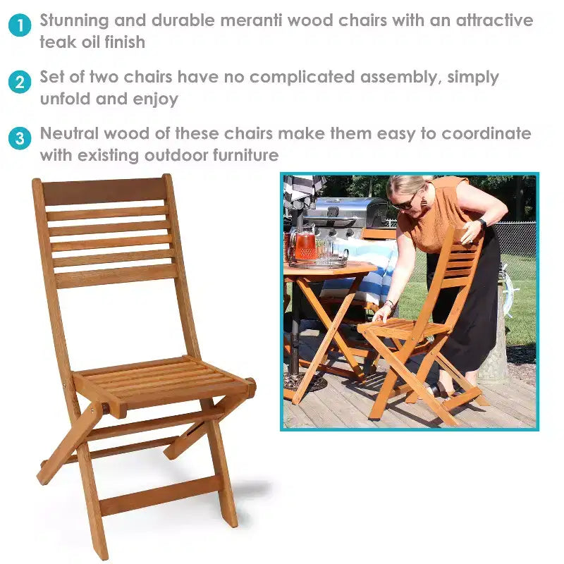 Sunnydaze Lot de 2 chaises de bistrot pliantes en bois de méranti avec finition à l'huile de teck pour l'extérieur - Marron
