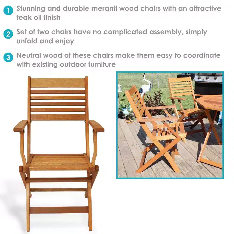 Fauteuils inclinables pliants d'extérieur en bois de méranti avec finition à l'huile de teck Sunnydaze - Marron - Lot de 2